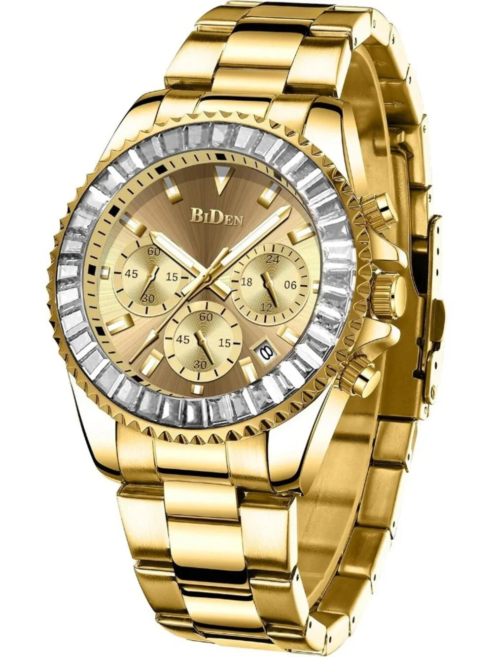 Men's Gold White Luxury Stainless Steel Analog Chronograph Classic Wrist Watch